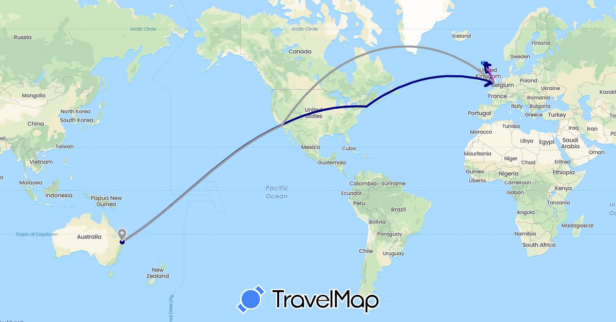 TravelMap itinerary: driving, plane, train, boat in Australia, United Kingdom, United States (Europe, North America, Oceania)